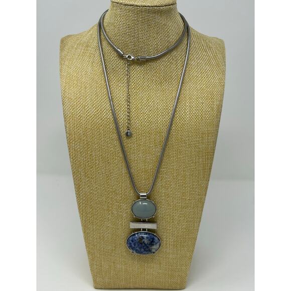 C 1946 Silver Tone with Green and Blue Stone Necklace - Picture 9 of 10